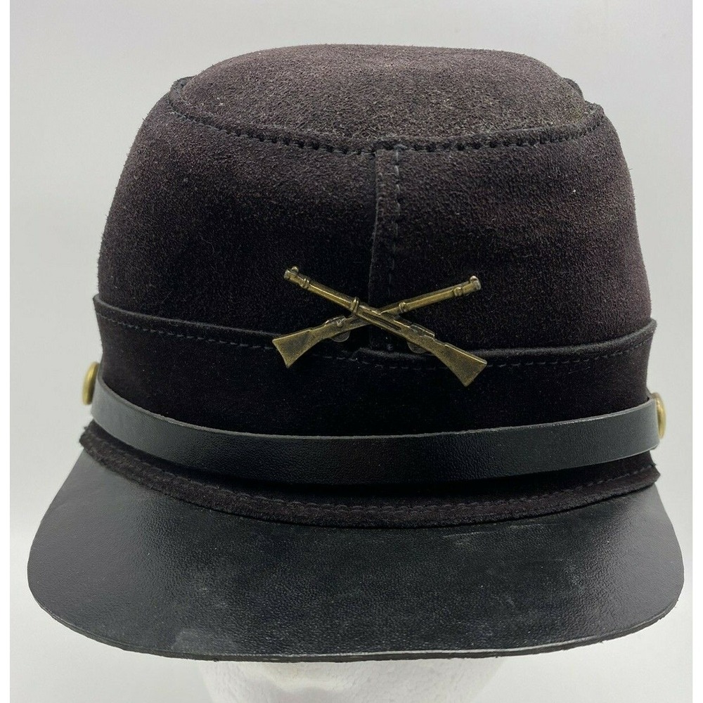 Vintage Army Hat Black Suede Leather Cap Soldier Adult Small Hatquarters USA